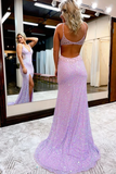 Anneprom Chic A Line V Neck Sparkly Long Prom Dresses Sleeveless Evening Dress With Split APP0542