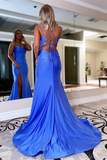 Anneprom Chic A line Simple Double Spaghetti Straps Blue Prom Dresses Split Long Evening Dresses APP0544