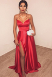 Anneprom Charming A Line Sweetheart Spaghetti Straps Satin Red Long Prom Dresses with Side Split, Red Formal Dresses, Evening Dresses APP0545