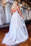 Anneprom A line Spaghetti Straps Applique Wedding Dress Backless Tulle Bridal Dress APW0390