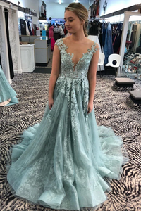 Anneprom Illusion Neckine A Line Cap Sleeves Prom Dresses Lace Appliques Formal Evening Gowns APP0548