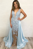 Anneprom Glamorous Blue V Neck Lace Sleeveless Sexy Mermaid Prom Dress Evening Dress APP0549