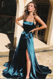 Anneprom Simple Dark Green Satin A line Backless Long Prom Dresses with High Slit APP0550