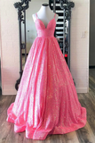 Anneprom Shiny Hot Pink Sequins V Neck Backless Long Prom Dress APP0551