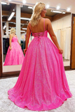 Anneprom Shiny Hot Pink Sequins V Neck Backless Long Prom Dress APP0551