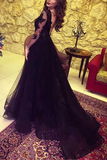 Anneprom Black Tulle Lace Long Sleeve Prom Dress With Split APP0552