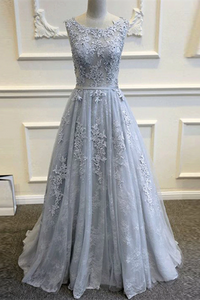 Anneprom Chic A Line Prom Dress Silver Scoop Lace Prom Dresses Evening Dress APP0553