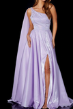 Anneprom A Line One Shoulder Satin Split Front Floor Length Prom Dress APP0554