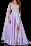Anneprom A Line One Shoulder Satin Split Front Floor Length Prom Dress APP0554