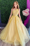Anneprom Chic A Line One Shoulder Yellow Tulle Sleeveless Prom Dress Applique Long Evening Dress APP0556