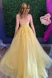 Anneprom Chic A Line One Shoulder Yellow Tulle Sleeveless Prom Dress Applique Long Evening Dress APP0556