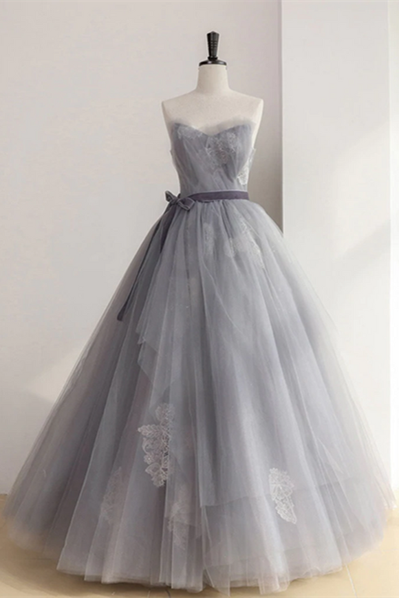 Anneprom Chic A line Strapless Gray Tulle Long Prom Dress Applique Evening Formal Dress APP0557