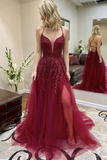Anneprom Burgundy Tulle A line Lace Up Back Thigh Slit Prom Dresses, Evening Gown APP0558