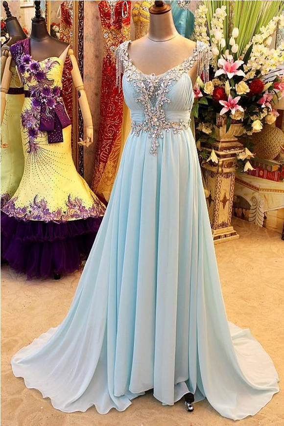 Anneprom A Line Prom Dress V Neck Chiffon Crystal Party Gown APP0559