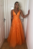 Anneprom A Line V Neck Backless Lace Appliques Orange Prom Dresses, Formal Dresses APP0563