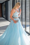 Anneprom Chic A Line Spaghetti Straps Two Pieces Prom Dresses Lace Tulle Evening Dress APP0568