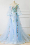 Anneprom Chic A line Off the shoulder Light Blue Prom Dress With Floral Prom Dresses Long Evening Dress APP0571