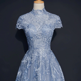 Anneprom Chic High Neck Prom Dress Blue Short Sleeve Long Prom Dress Evening Dress APP0572