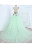 Anneprom Beautiful A line Scoop Blue Long Prom Dress Floral Formal Dresses Evening Gowns APP0573