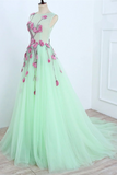 Anneprom Beautiful A line Scoop Blue Long Prom Dress Floral Formal Dresses Evening Gowns APP0573