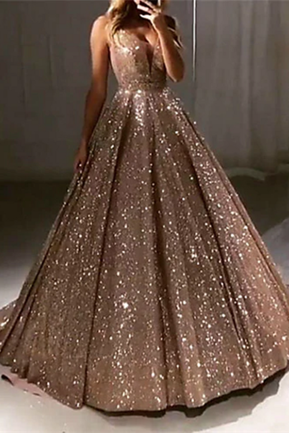 Anneprom Chic A line V neck Long Sparkly Gold Prom Dresses Evening Dress APP0574