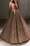 Anneprom Chic A line V neck Long Sparkly Gold Prom Dresses Evening Dress APP0574