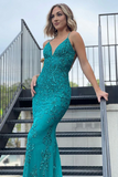 Anneprom Chic Trumpet Mermaid Spaghetti Straps Long Prom Dress Lace Tulle Evening Dress APP0576