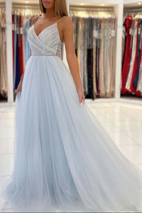 Anneprom Light Blue Tulle A line V neck Backless Long Prom Dresses, Evening Gown APP0579