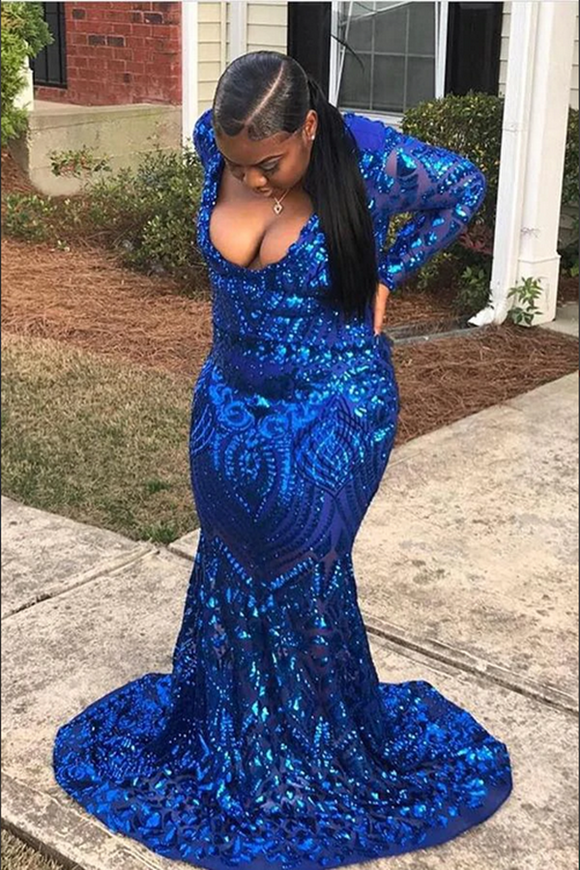 Anneprom Trendy Royal Blue V neck Long Sleeve Mermaid Plus Size Sequin