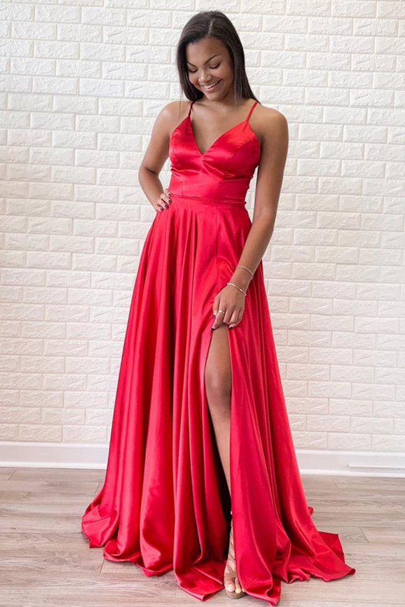 Anneprom Simple Red Satin Halter V Neck A Line Sweep Train Long Prom Dress APP0581