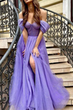 Anneprom Chic A line Sparkly Off the shoulder Purple Prom Dress Tulle Evening Dress With Split Front APP0583