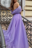 Anneprom Chic A line Sparkly Off the shoulder Purple Prom Dress Tulle Evening Dress With Split Front APP0583