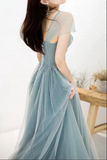 Anneprom Dusty Blue Tulle Beaded Off the Shoulder Long Prom Dresses, Formal Dress APP0584