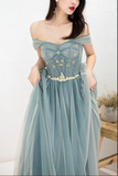 Anneprom Dusty Blue Tulle Beaded Off the Shoulder Long Prom Dresses, Formal Dress APP0584