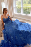 Anneprom Blue Tulle Lace A line Scoop Lace Up Long Prom Dresses, Evening Gown APP0585