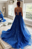 Anneprom Blue Tulle Lace A line Scoop Lace Up Long Prom Dresses, Evening Gown APP0585