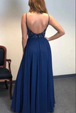 Anneprom Navy Blue A line Beaded Spaghetti Straps Prom Dresses, Long Formal Dress APP0586