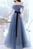 Anneprom Grey Blue Tulle A line Off Shoulder Prom Dresses, Long Formal Dresses APP0587