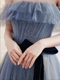 Anneprom Grey Blue Tulle A line Off Shoulder Prom Dresses, Long Formal Dresses APP0587