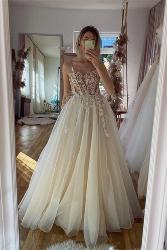 Anneprom Chic A line Spaghetti Straps Floor length Long Prom Dresses Tulle Applique Evening Dress APP0588