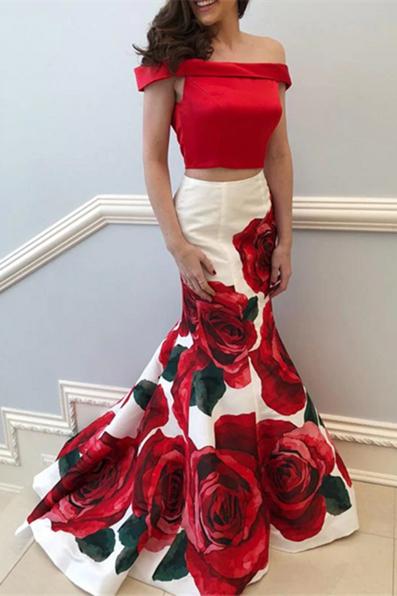 Anneprom Mermaid Prom Dresses Off the shoulder Red Floral Two Pieces Prom Dress Evening Dress APP0589