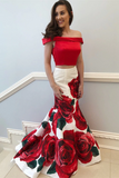 Anneprom Mermaid Prom Dresses Off the shoulder Red Floral Two Pieces Prom Dress Evening Dress APP0589
