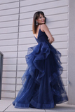 Anneprom Navy Blue Tulle A line V neck Prom Dress With Ruffles, Long Formal Dresses APP0590