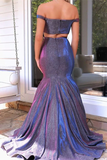 Anneprom Two Pieces Trumpet Mermaid Long Prom Dress Off Shoulder Satin Evening Party Dresses APP0592
