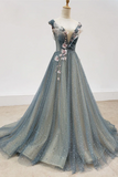 Anneprom Chic A line Gray Blue V neck Long Beaded Prom Dress Tulle Floral Evening Party Dress APP0593