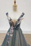 Anneprom Chic A line Gray Blue V neck Long Beaded Prom Dress Tulle Floral Evening Party Dress APP0593