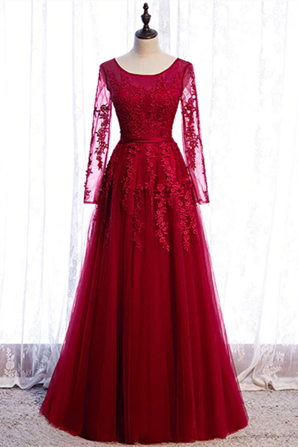 Anneprom Chic A line Bateau Burgundy Lace Prom Dress Long Sleeve Tulle Evening Dresses APP0594
