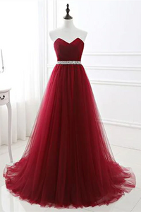 Anneprom Chic A line Sweetheart Burgundy Tulle Simple Sleeveless Long Prom Dress Evening Dress APP0595