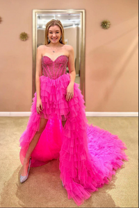 Anneprom Strapless Hot Pink Tulle High Low Ball Gown Simple Prom Dress APP0599