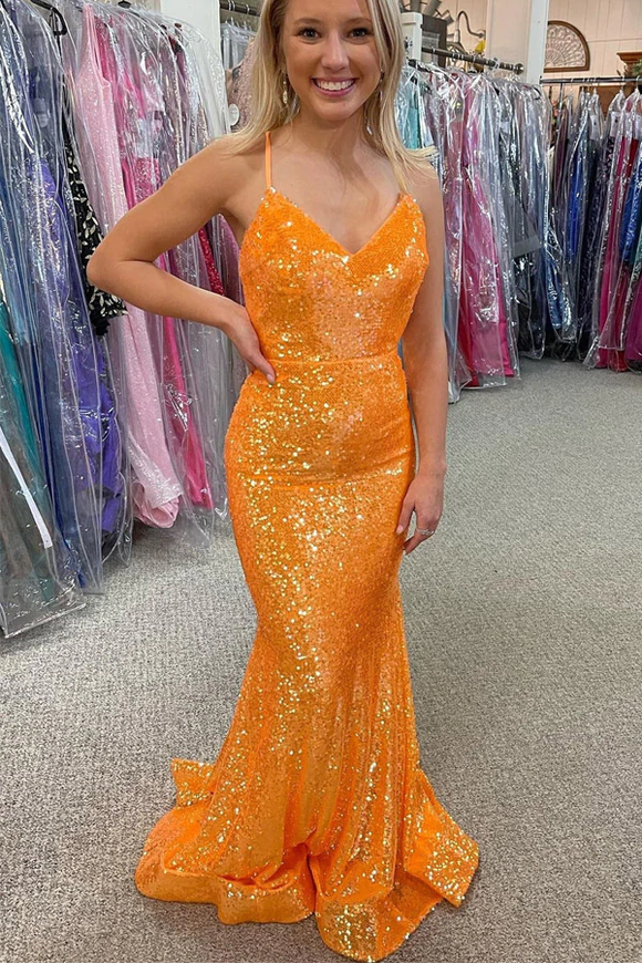 Anneprom Sparkle Orange Sequin Mermaid Long Prom Formal Dress APP0596